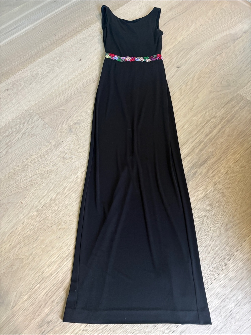 Nicole Miller Sleeveless Black Maxi Dress with Floral Embellished Waist